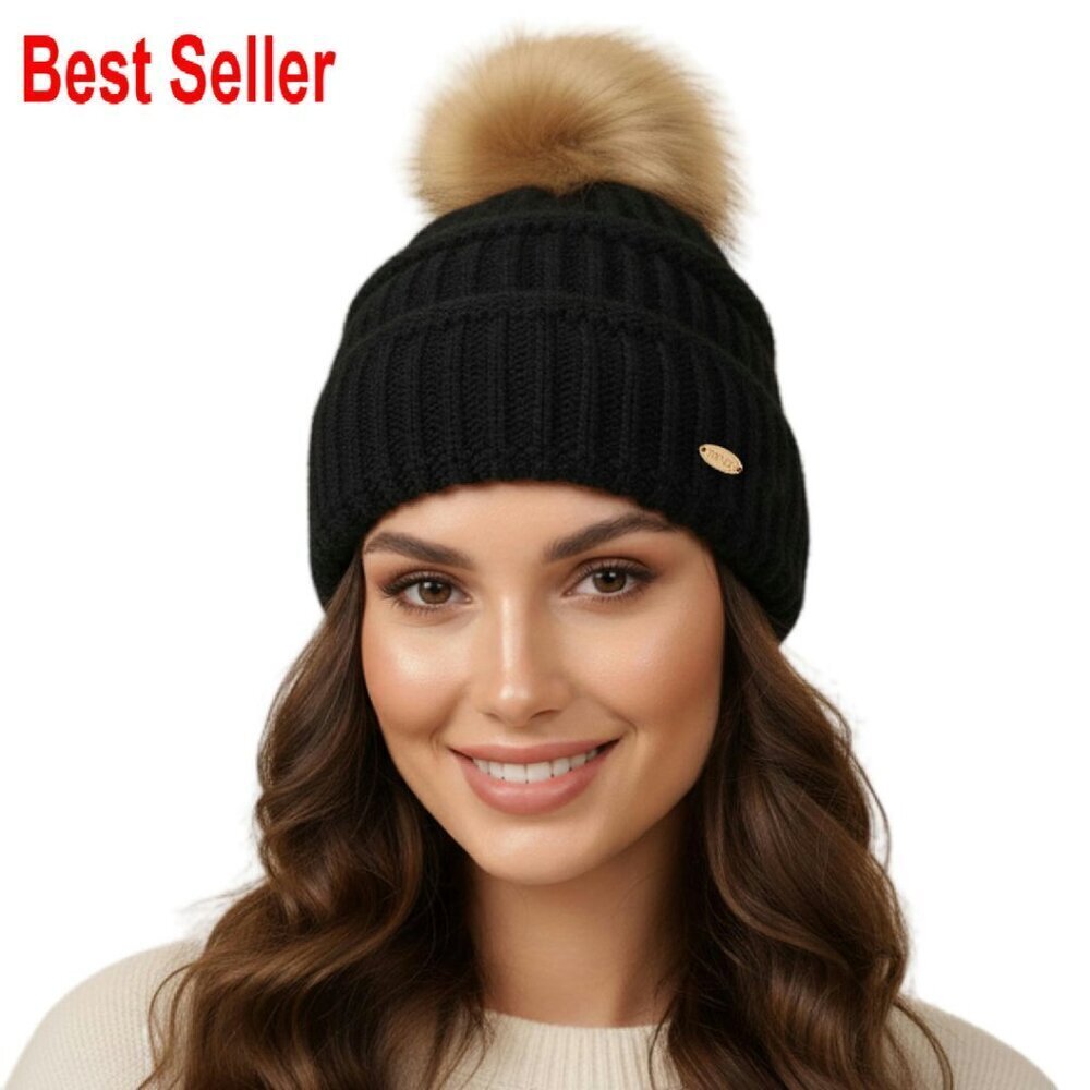 Fleece Lined Merino Wool Beanie Hidden Ponytail Hole Detachable Pom Chic